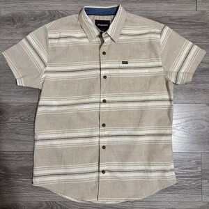 Aeropostale Mens Large Tan Striped Short Sleeve Button Down 100% Cotton Shirt